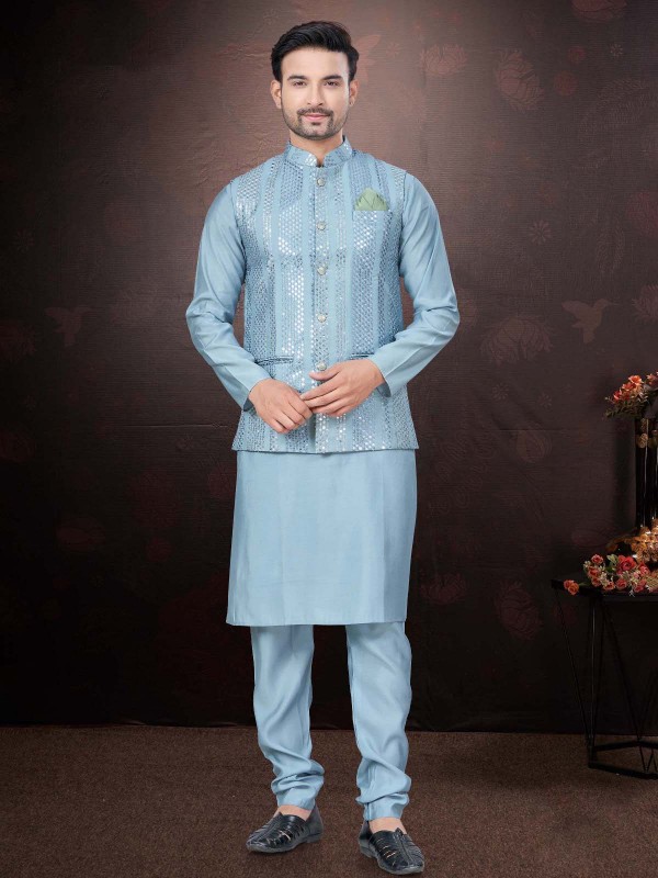 Light Blue Pure SIlk Readymade Kurta Pajama With Jacket